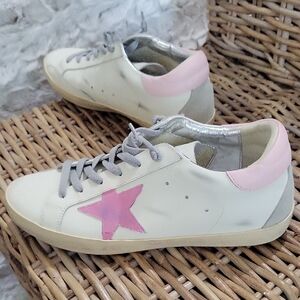 Golden Goose White Leather Sneakers with Pink Star and Pink Heel Tab, Sz 11 (42)